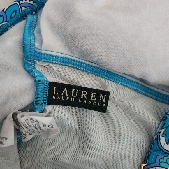Lauren Ralph Lauren One-Piece Swimsuit 10 Bandana Paisley Aqua Blue Ruched V Nec - Picture 7 of 11